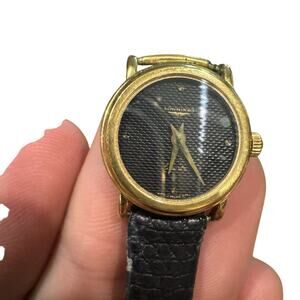 Vintage Longines Watch Quartz Women's Gold Dial Black Face Swiss Made Round -BUB